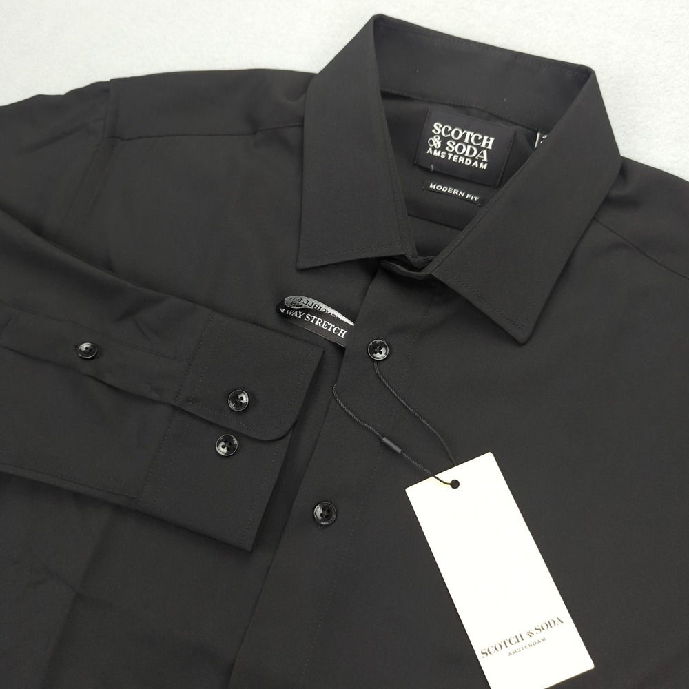 Scotch & Soda Amsterdam Dress Shirt Black Mens 16.5 Modern Fit‎ 4 Way Stretch